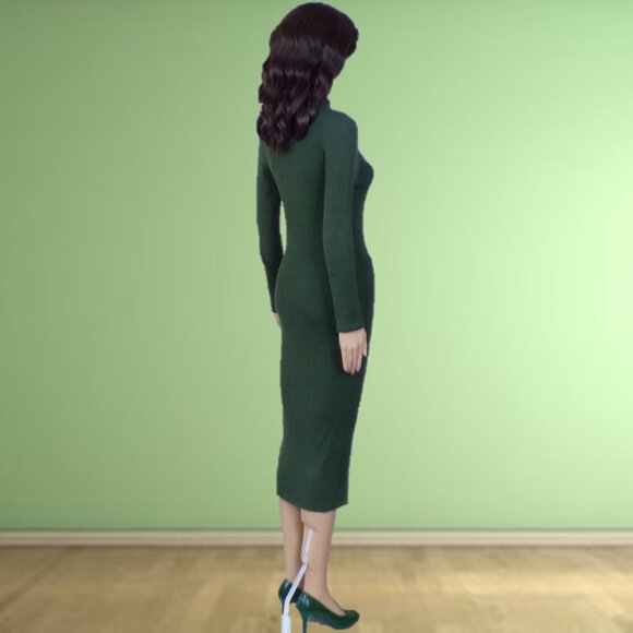 ROCOROSE size M forest-green knit bodycon long-sleeve turtleneck midi dress - Picture 4 of 13